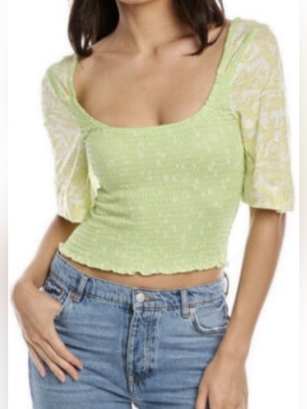 4 for $30- Free People Marigold Top Key Lime Combo Floral Smocked Crop Top